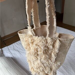 BTB los Angeles beach tote pool bag fringe gold beige Boho distressed style